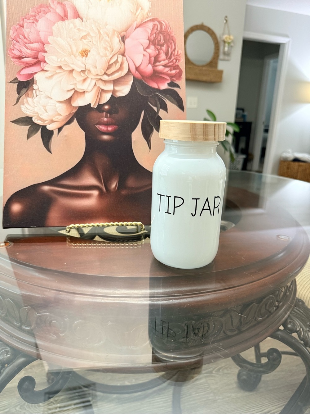 White Glass Tip Jar with Wooden Lid